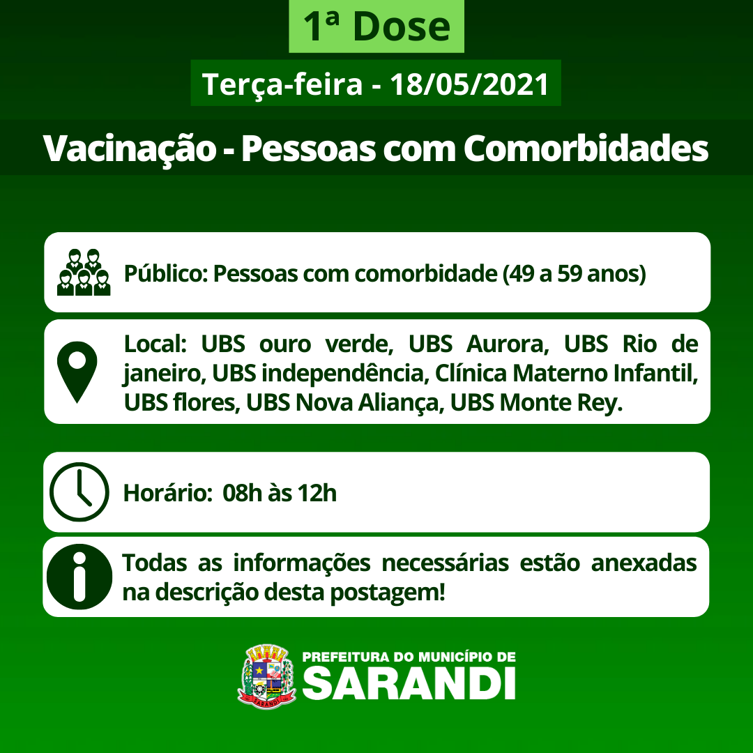 Cronograma de Vacinação contra Covid-19 (Comorbidades) - Terça-feira - 18 de maio de 2021